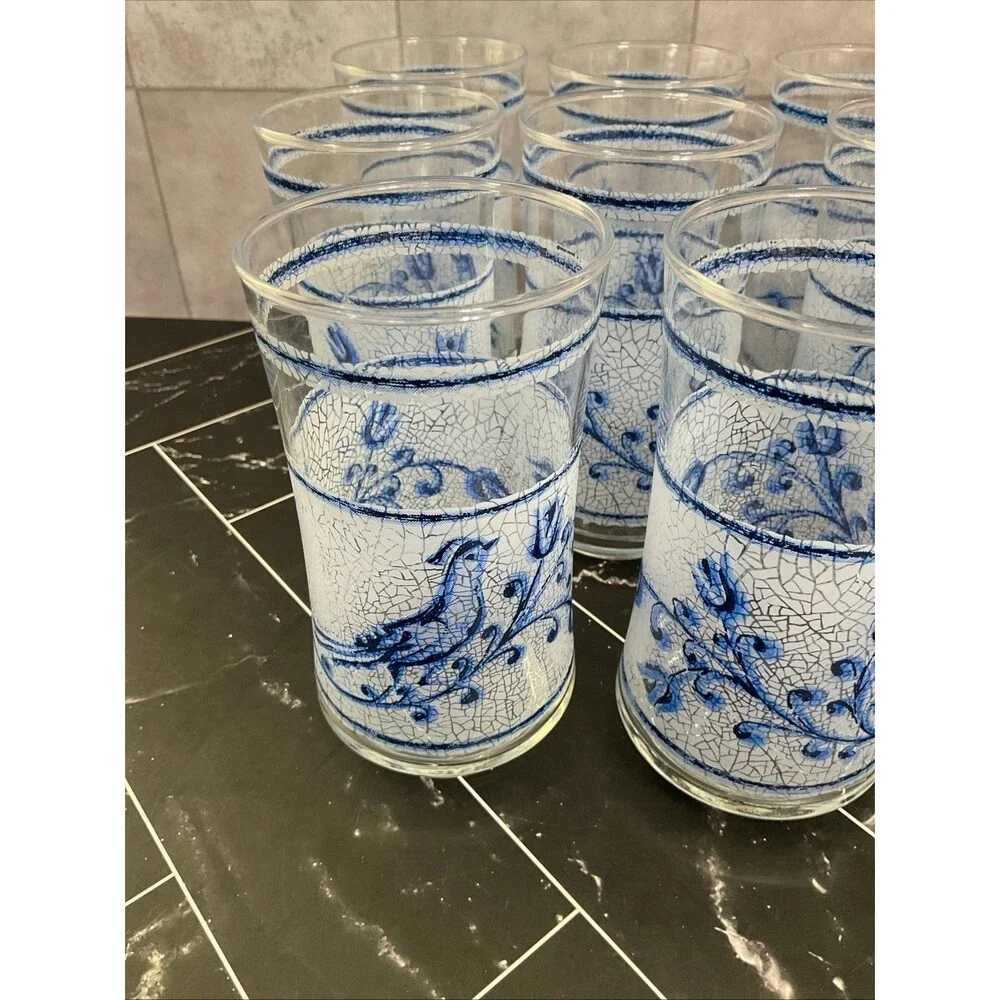 Libbey 10 oz glasses Frosted Blue bird and flower 5.25” X 2.50” Set of 11